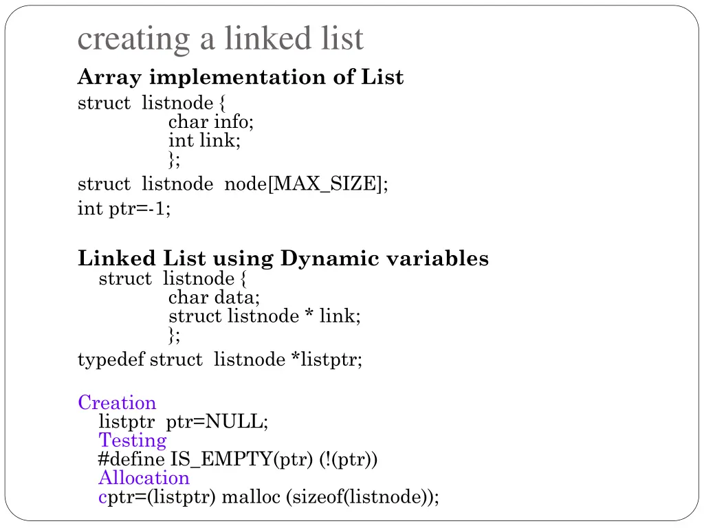 creating a linked list array implementation
