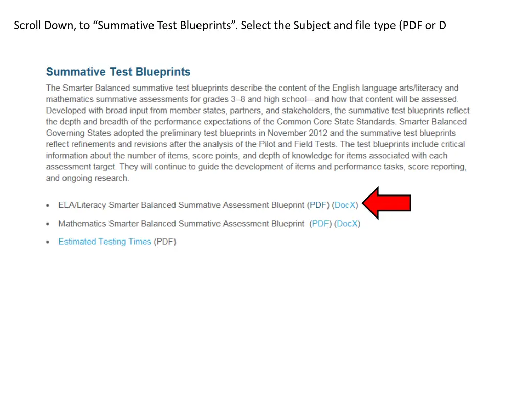 scroll down to summative test blueprints select