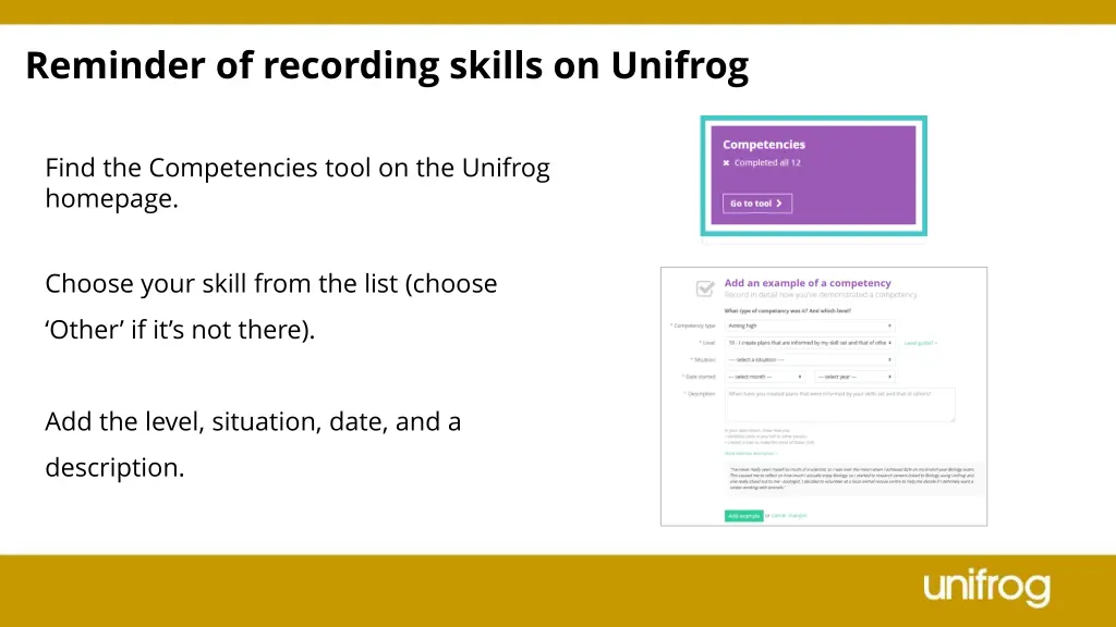 reminder of recording skills on unifrog