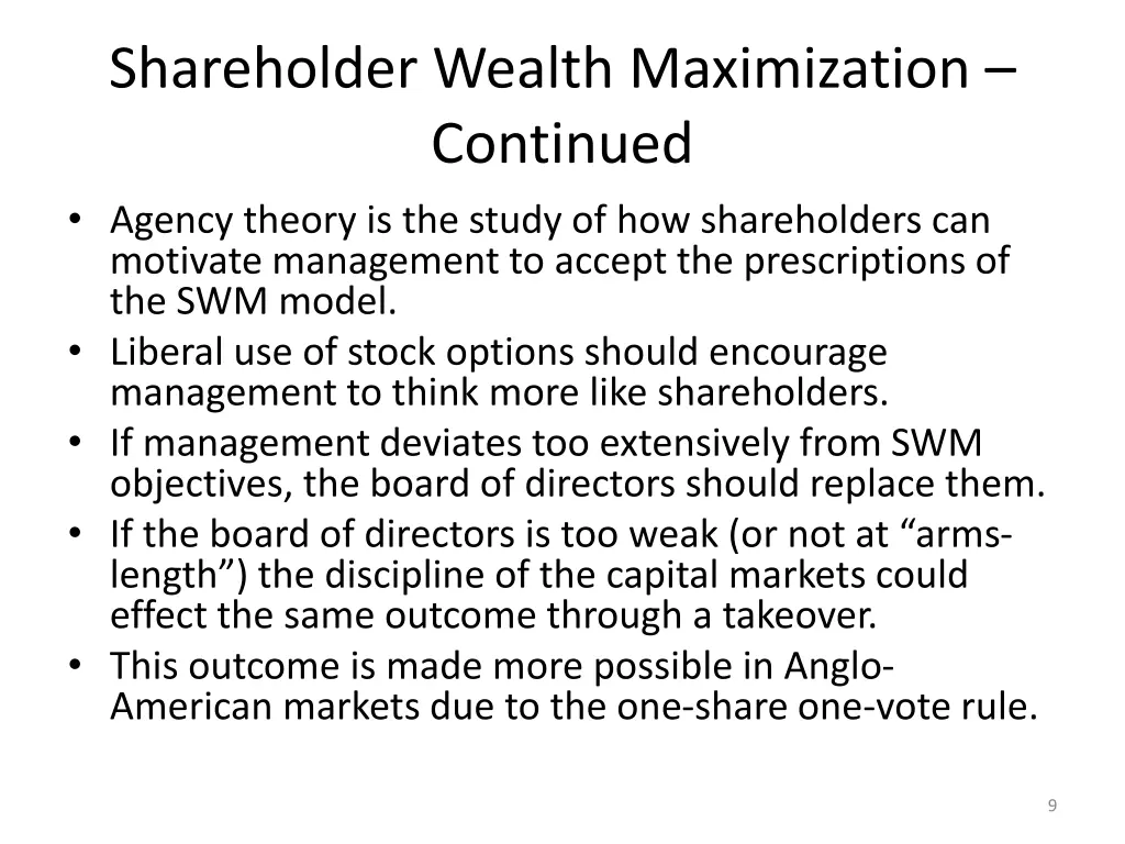 shareholder wealth maximization continued agency