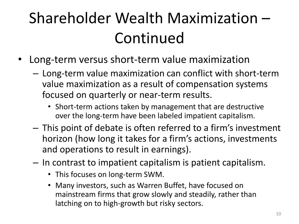 shareholder wealth maximization continued long