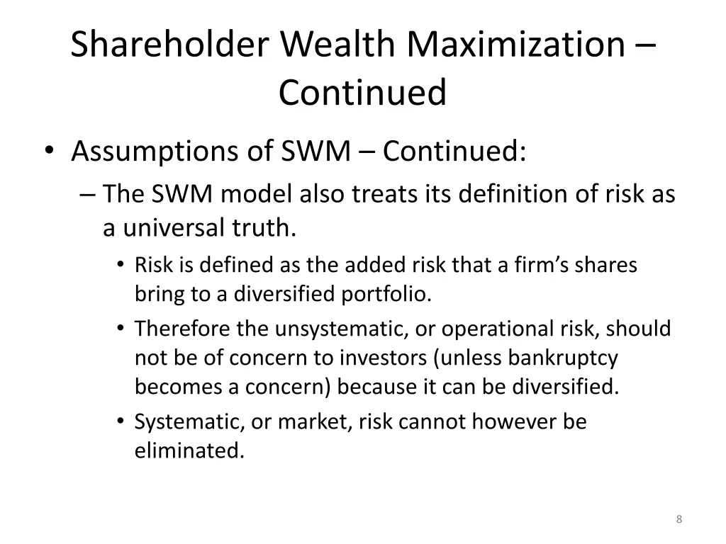 shareholder wealth maximization continued