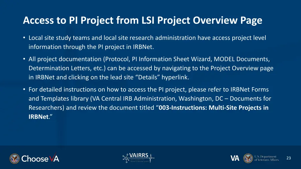 access to pi project from lsi project overview