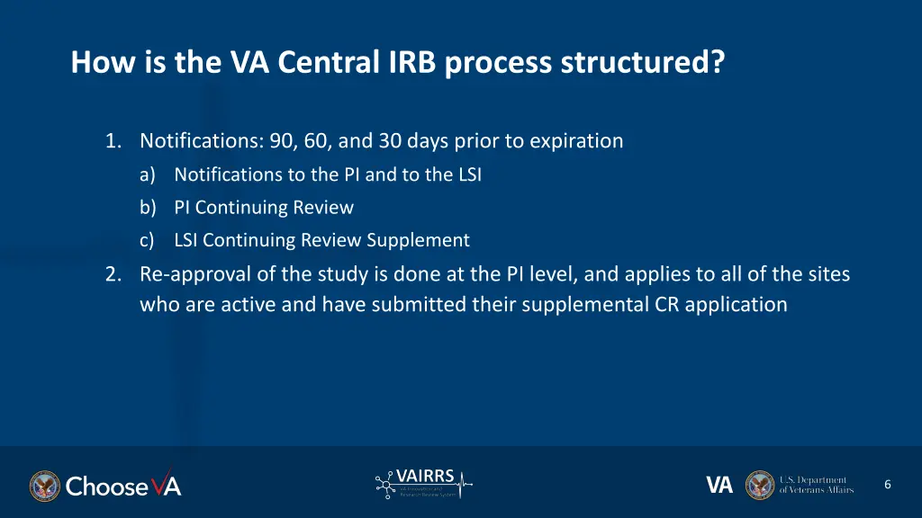 how is the va central irb process structured