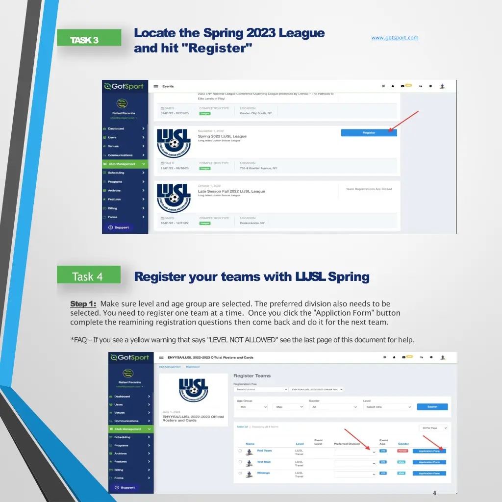 locate the spring2023league and hit register