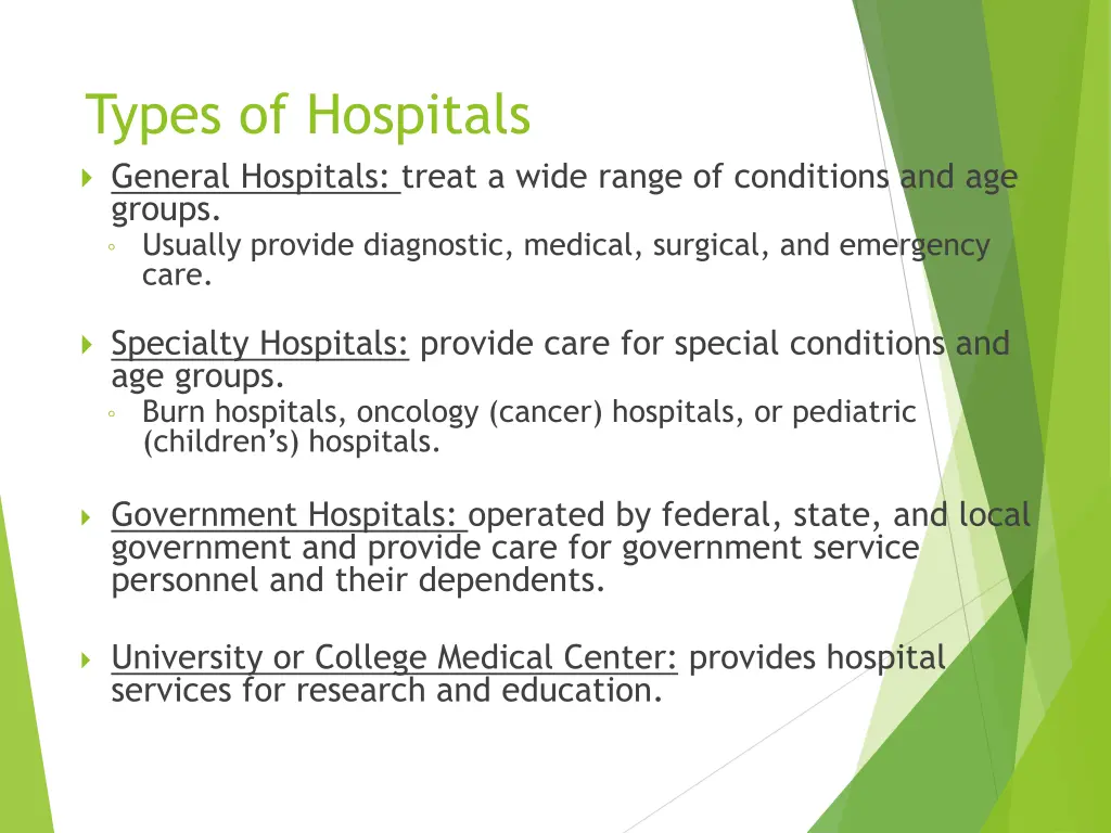 types of hospitals general hospitals treat a wide