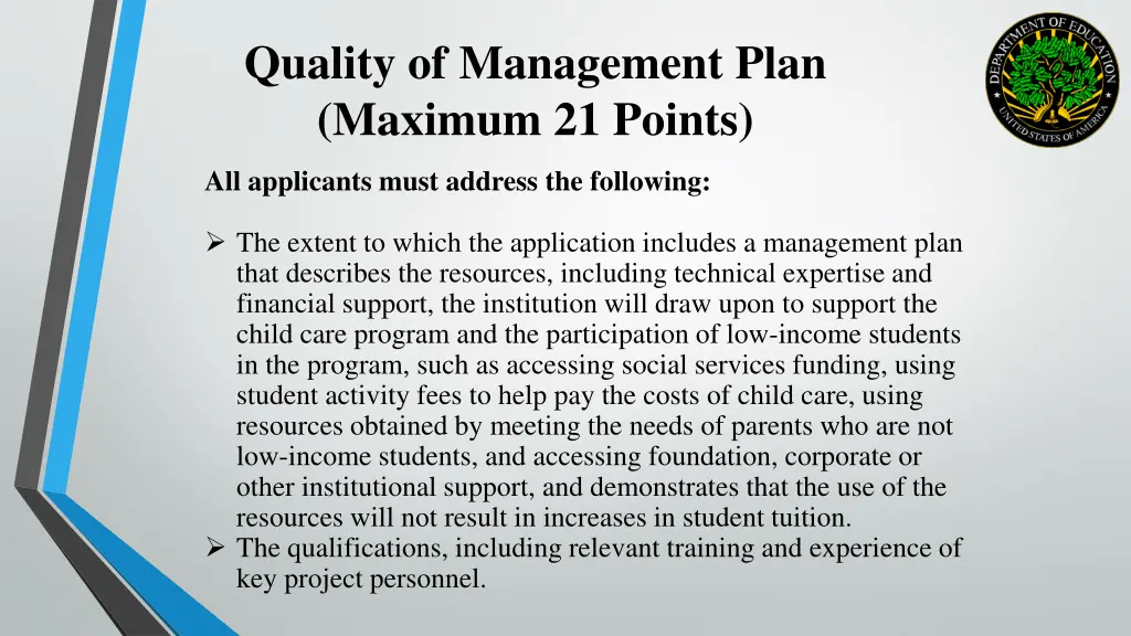quality of management plan maximum 21 points