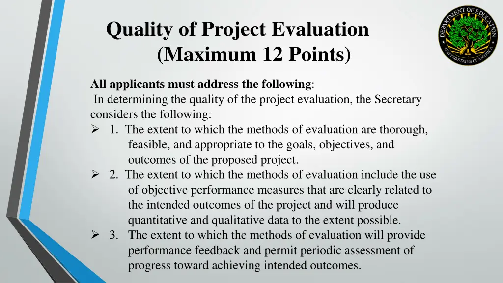 quality of project evaluation maximum 12 points