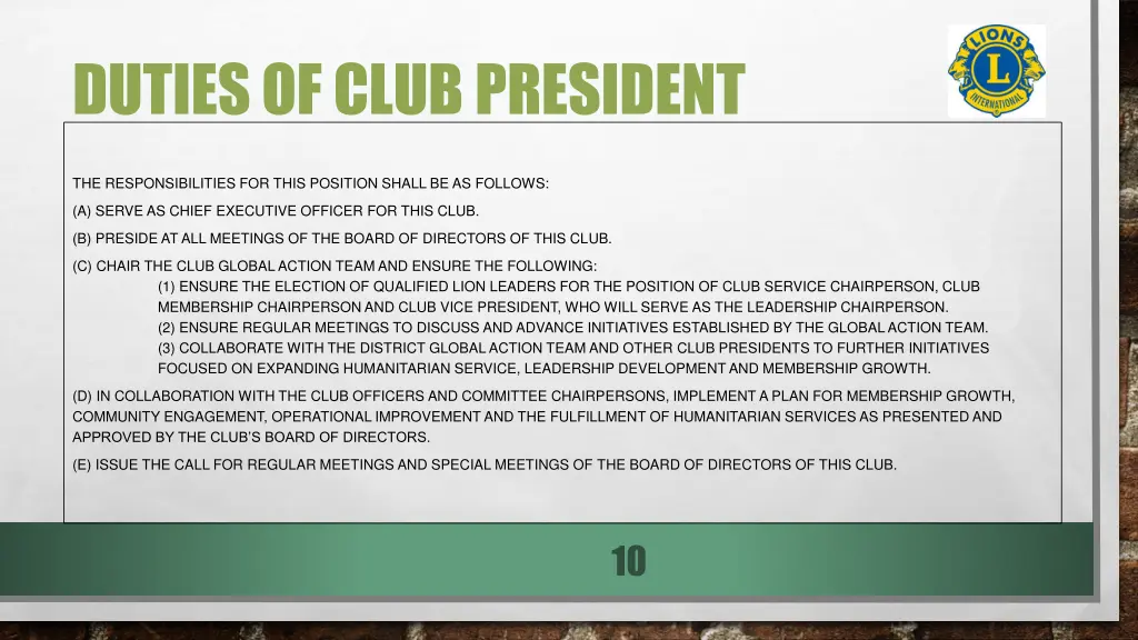 duties of club president