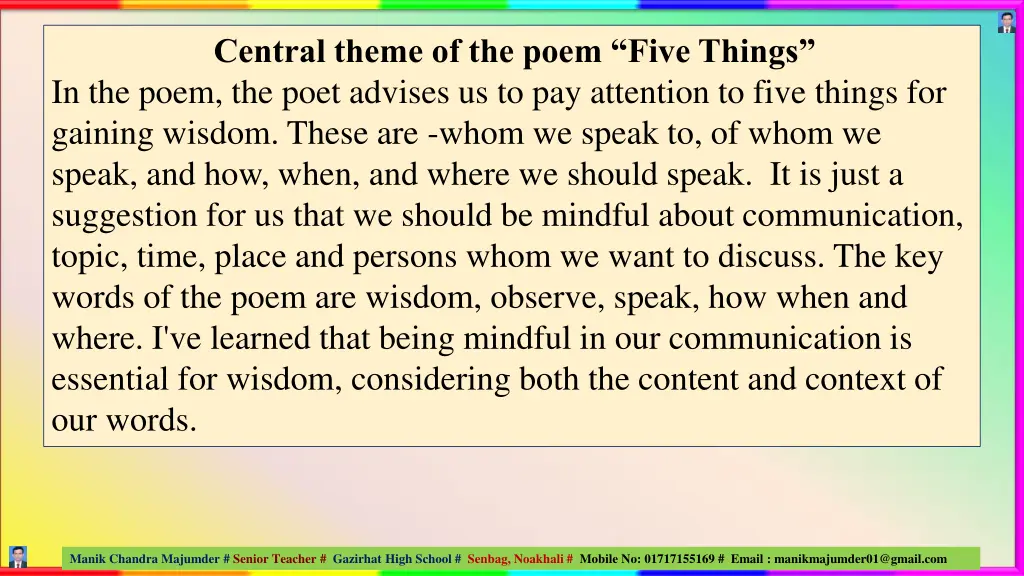 central theme of the poem five things in the poem