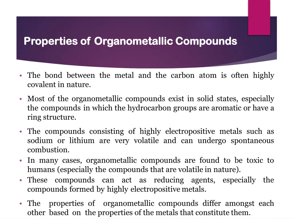 properties of properties of organometallic