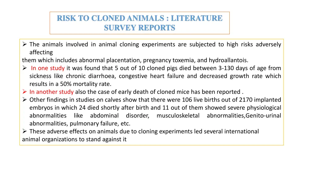 risk to cloned animals literature survey reports