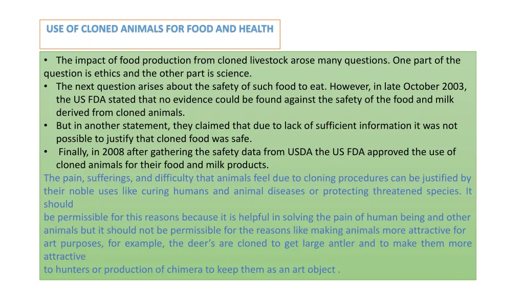use of cloned animals for food and health