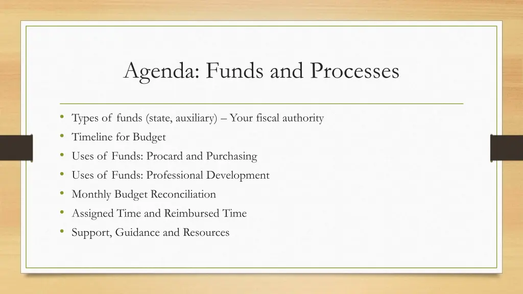 agenda funds and processes