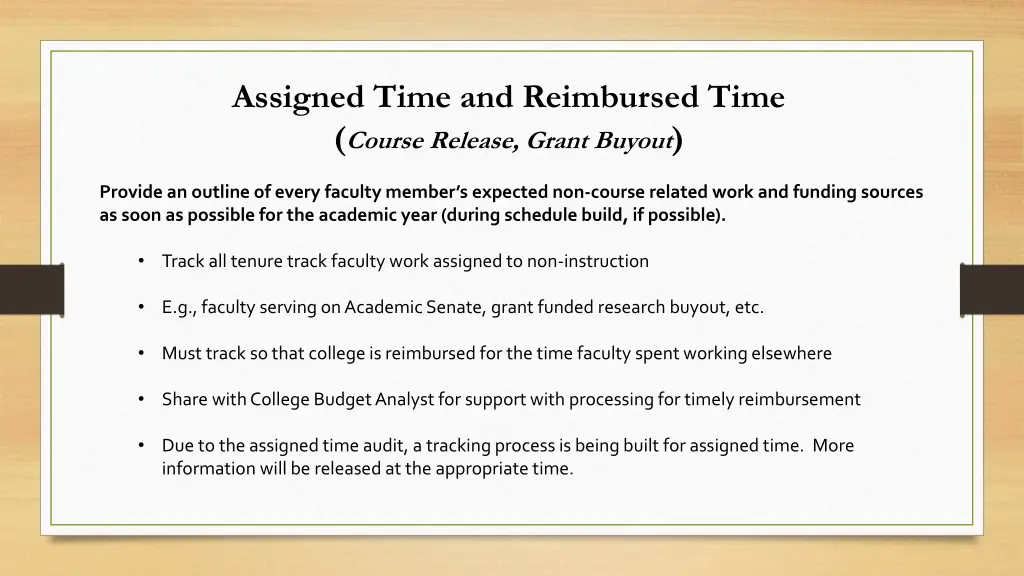 assigned time and reimbursed time course release