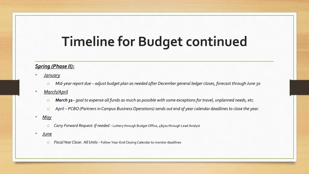 timeline for budget continued