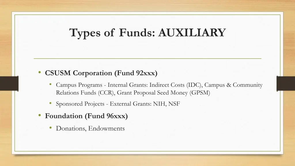 types of funds auxiliary