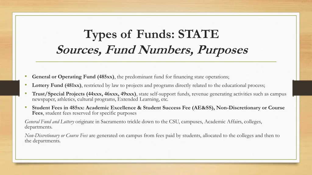 types of funds state sources fund numbers purposes