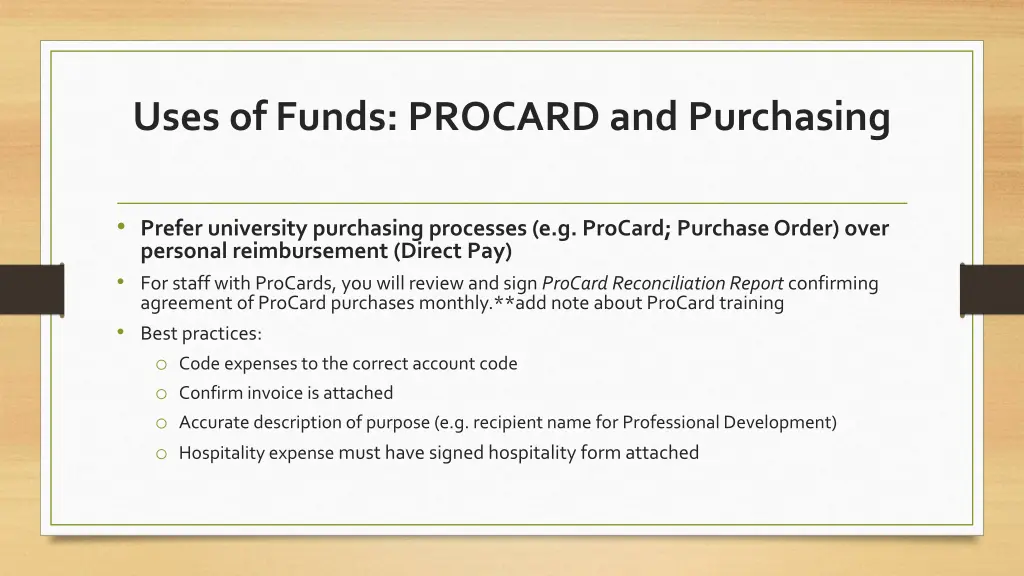 uses of funds procard and purchasing