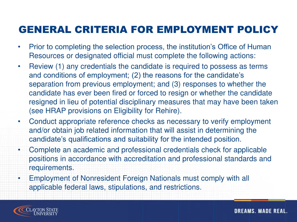 general criteria for employment policy 1