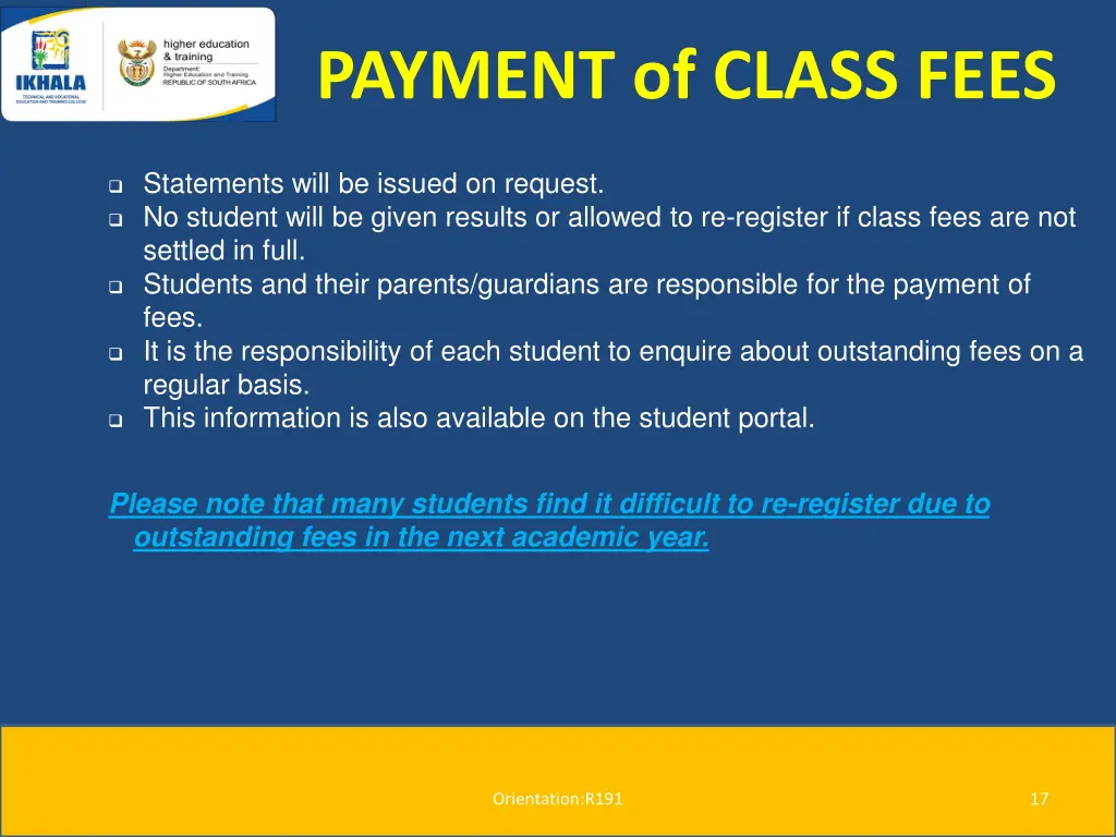 payment of class fees