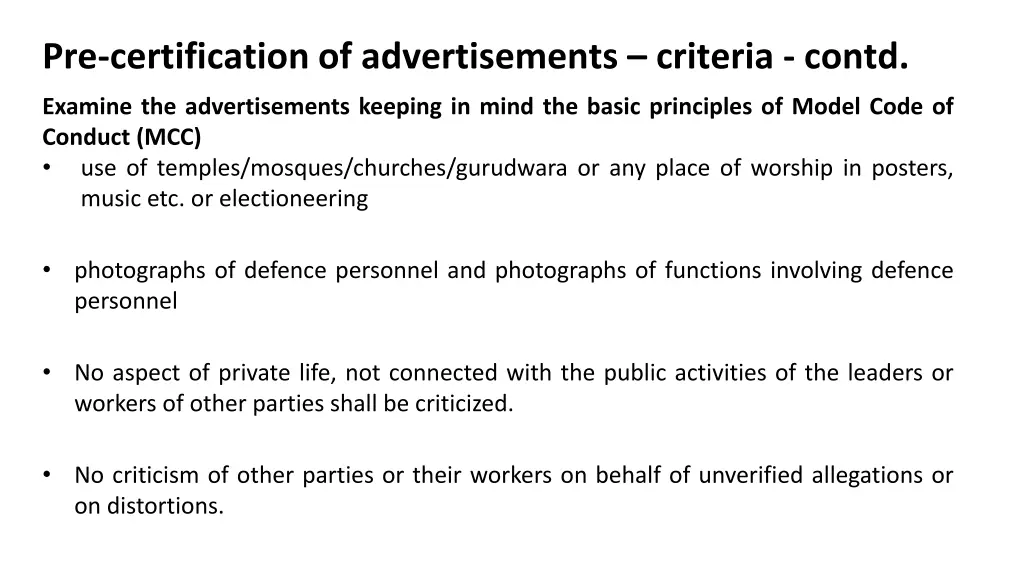 pre certification of advertisements criteria contd