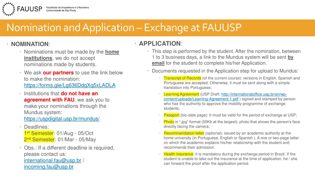 nomination and application exchange at fauusp