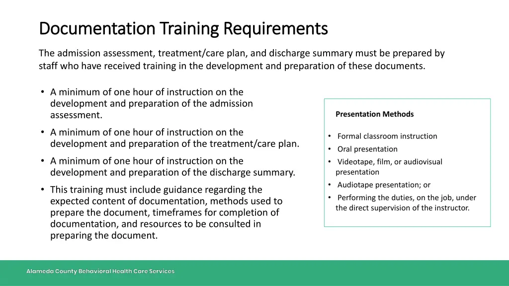 documentation training requirements documentation