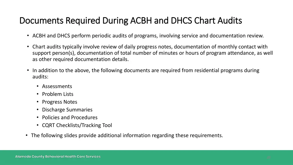 documents required during acbh and dhcs chart