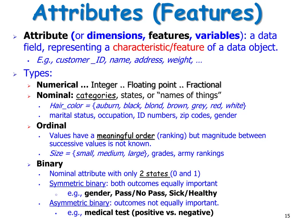 attributes features attribute or dimensions