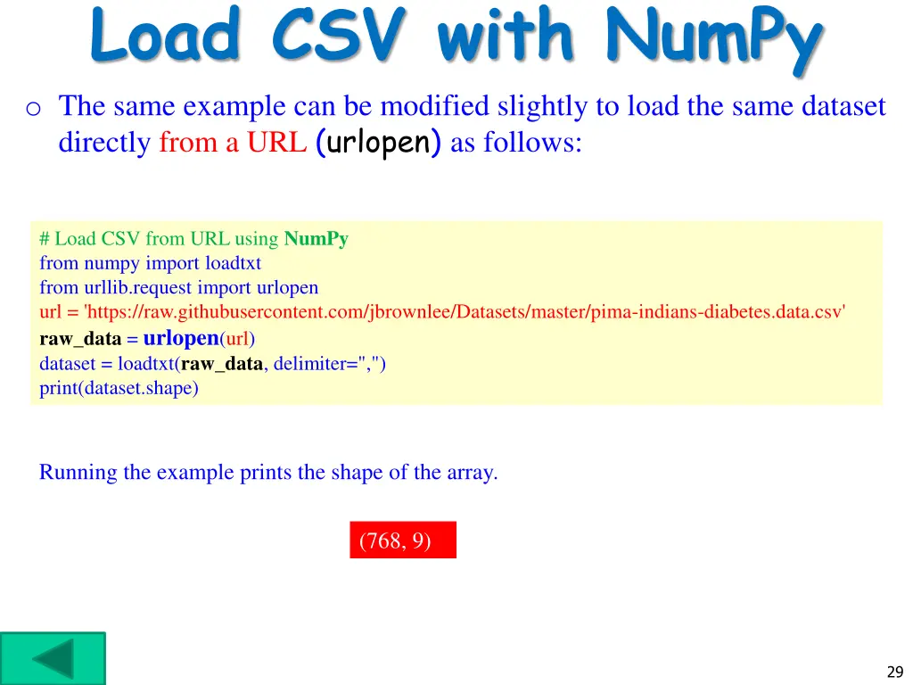 load csv with numpy o the same example