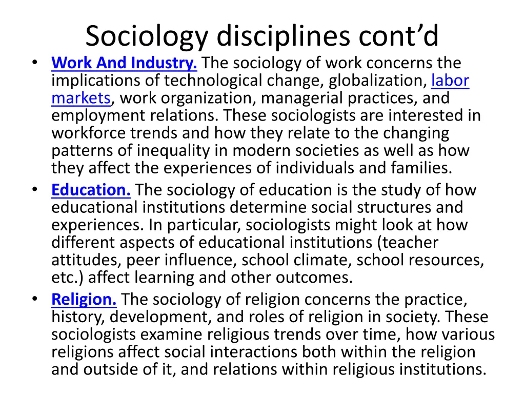 sociology disciplines cont d work and industry