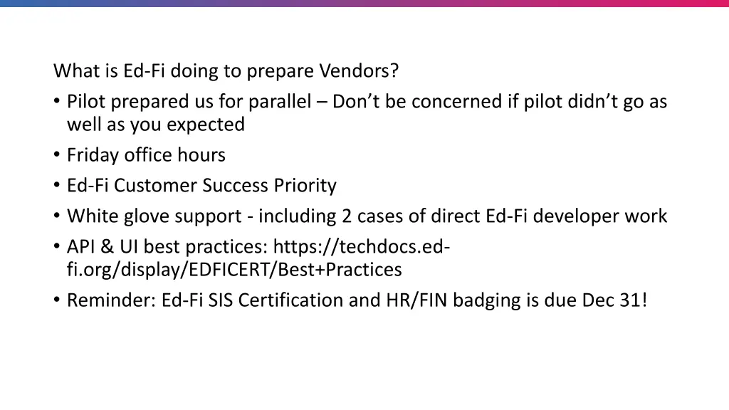 what is ed fi doing to prepare vendors pilot