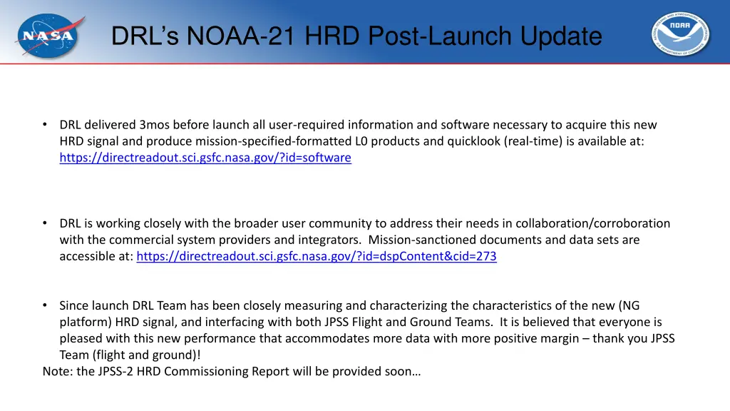 drl s noaa 21 hrd post launch update