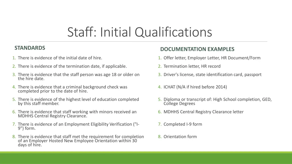 staff initial qualifications