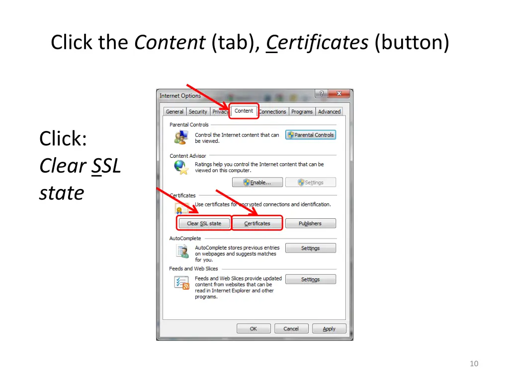 click the content tab certificates button