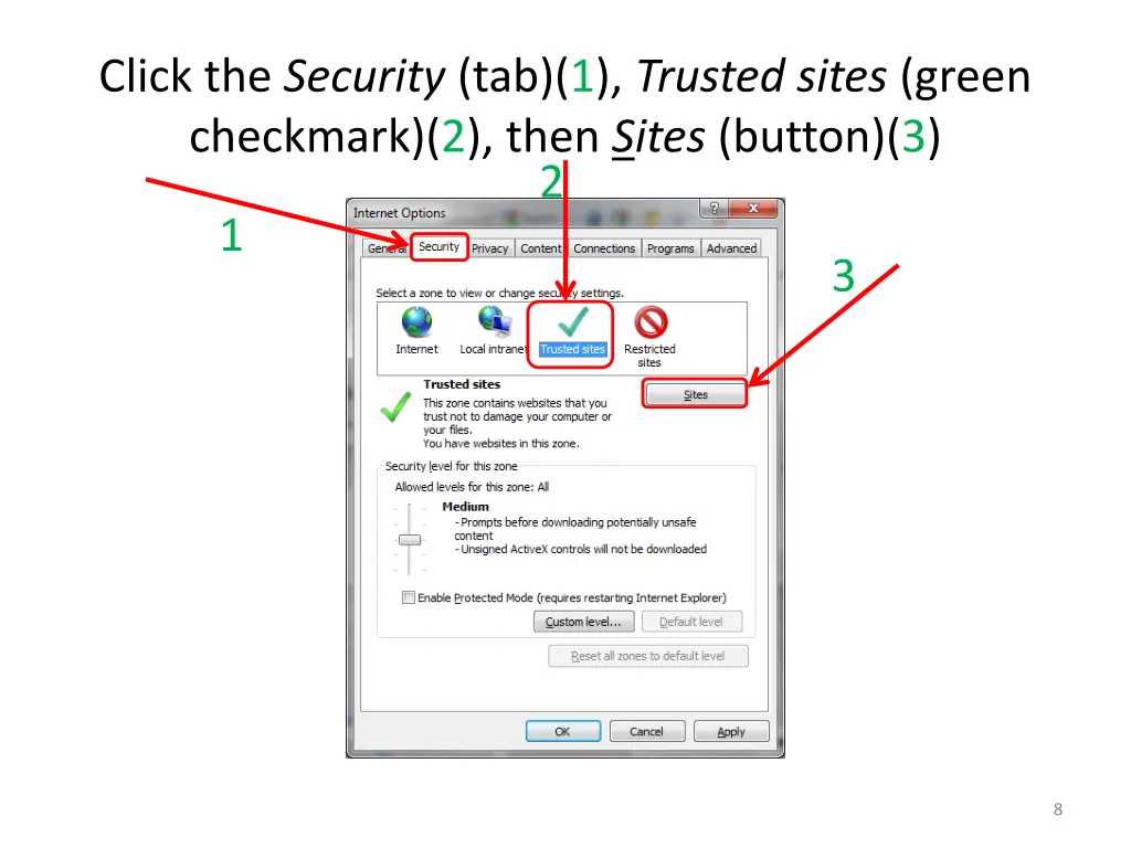 click the security tab 1 trusted sites green