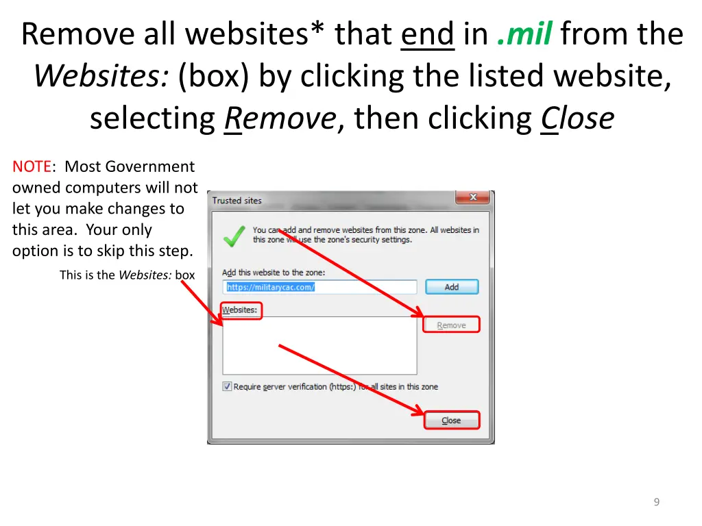 remove all websites that end in mil from