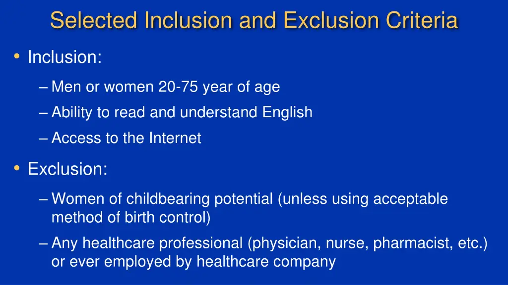 selected inclusion and exclusion criteria