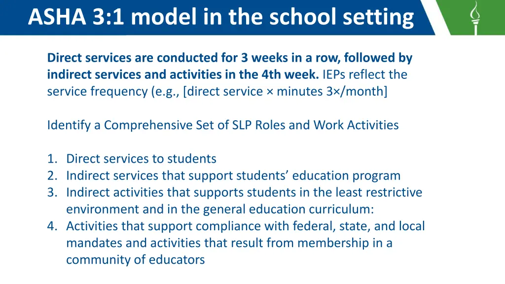 asha 3 1 model in the school setting