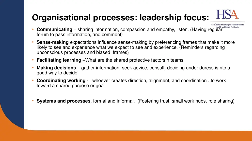 organisational processes leadership focus