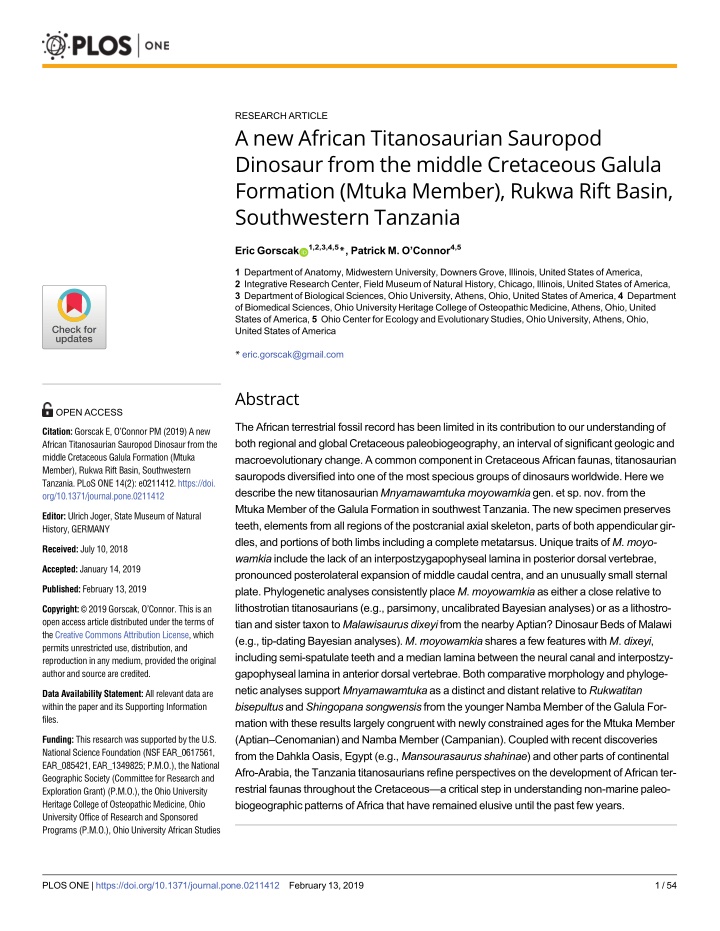 research article a new african titanosaurian