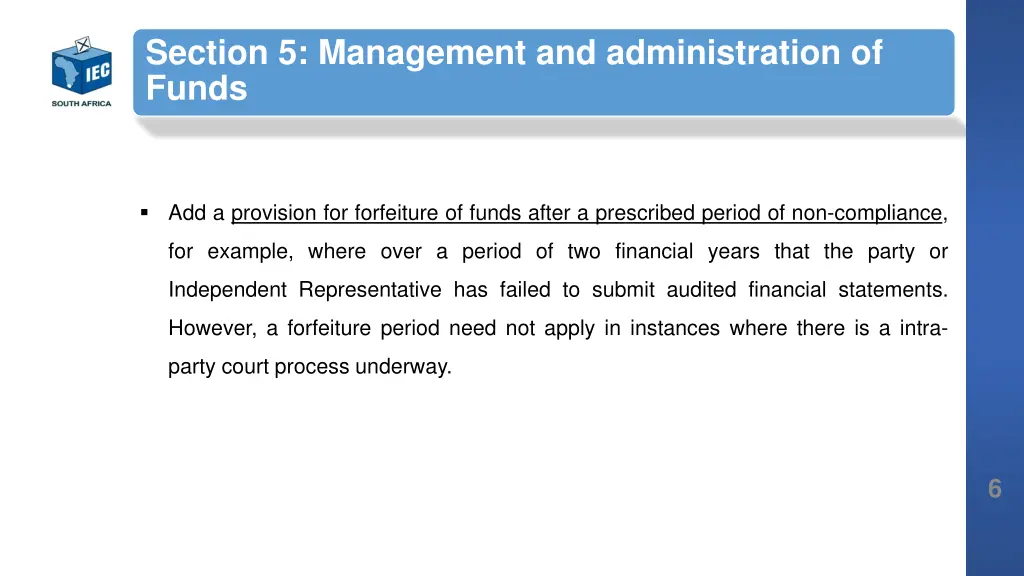 section 5 management and administration of funds