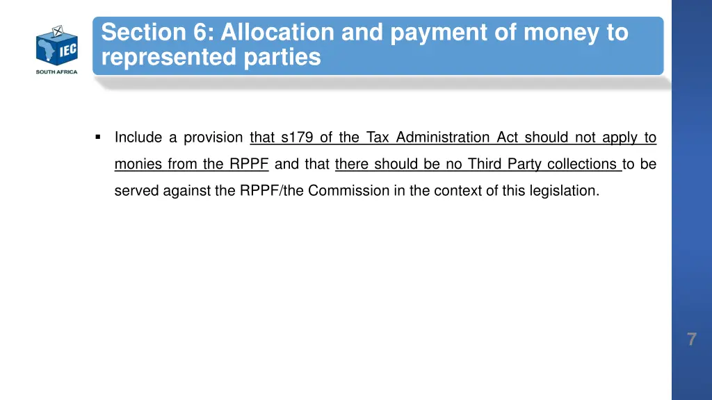 section 6 allocation and payment of money