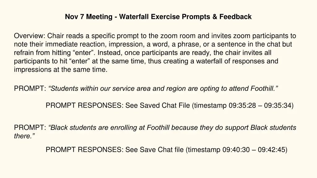 nov 7 meeting waterfall exercise prompts feedback