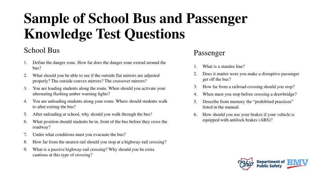 sample of school bus and passenger knowledge test