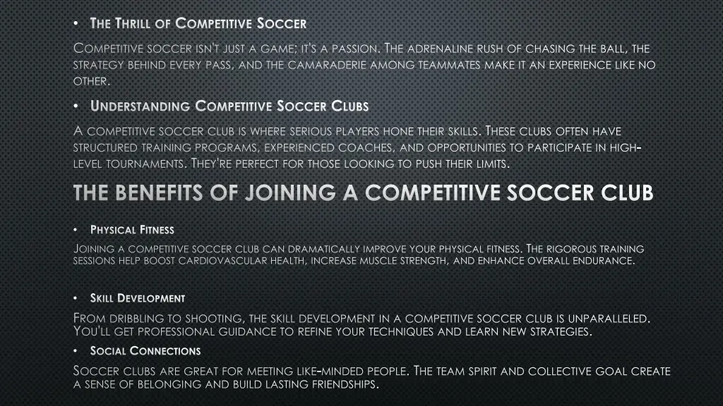 t he t hrill of c ompetitive s occer