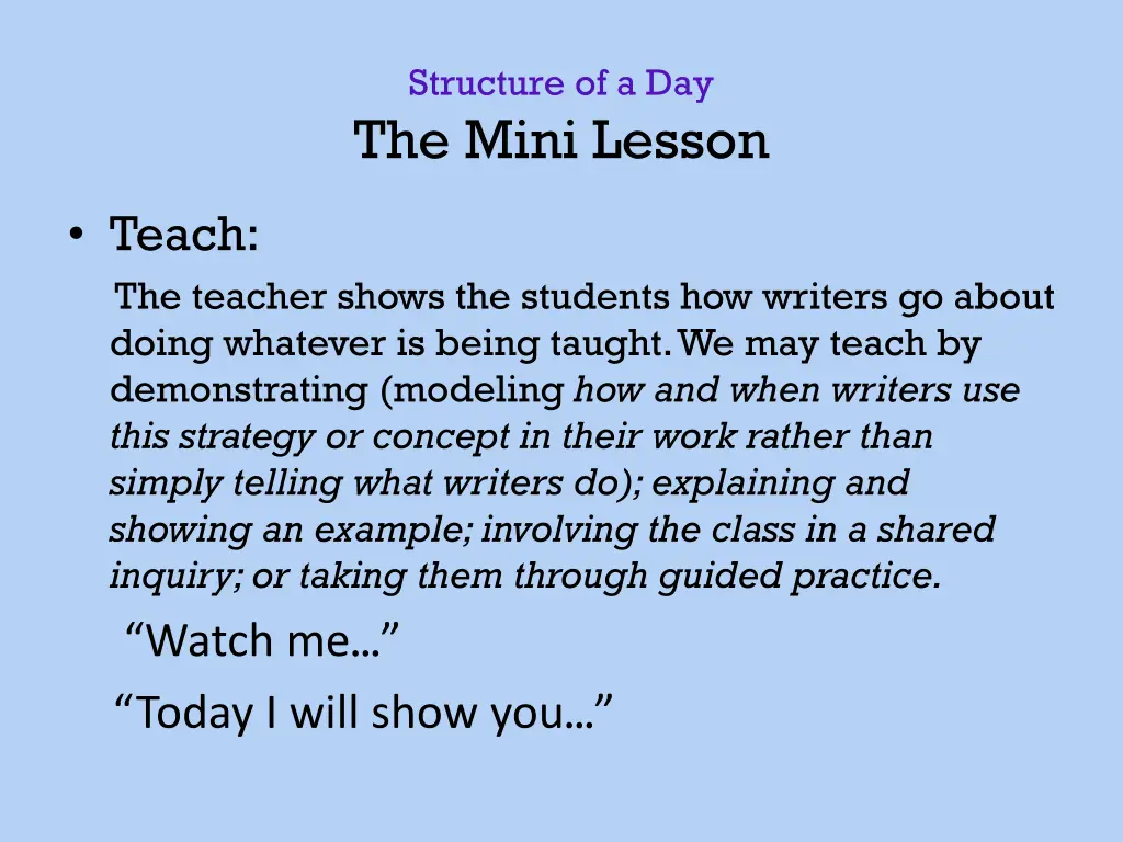 structure of a day the mini lesson 2