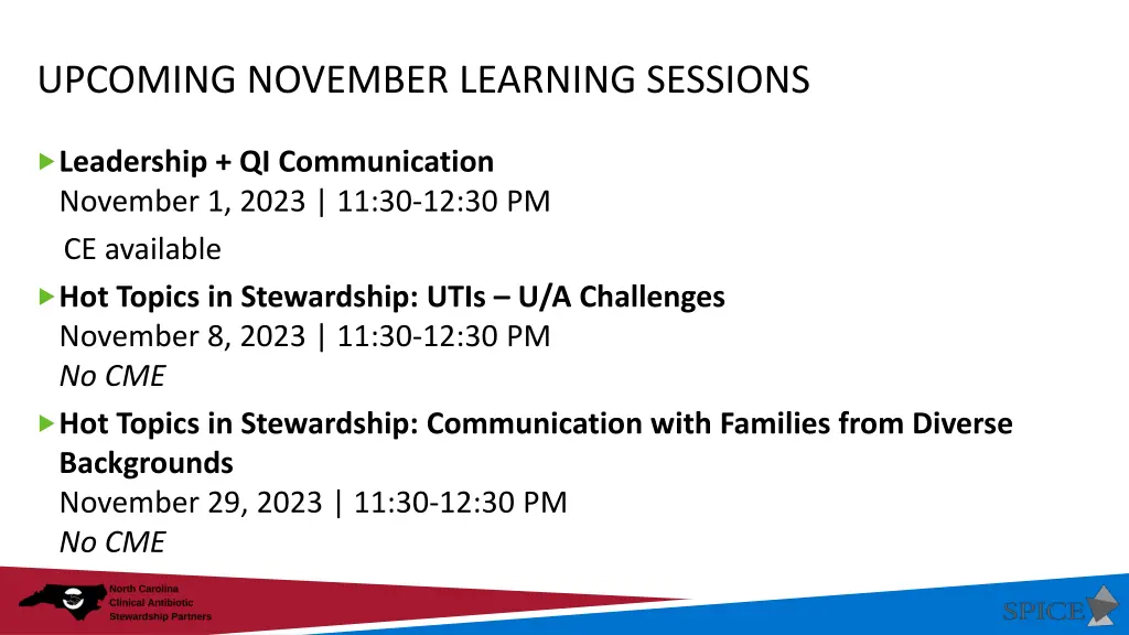 upcoming november learning sessions