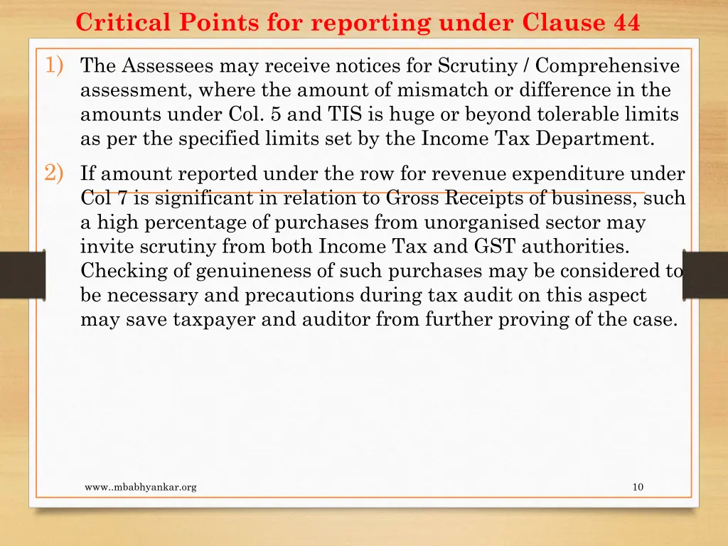 critical points for reporting under clause 44